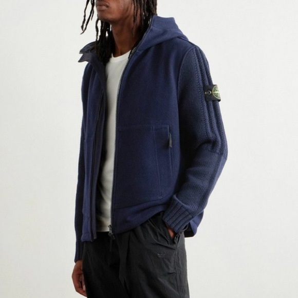 New Stone Island Logo Appliqued Wool Blend Hooded Jacket Blue Knit Sleeve Sz M - Picture 2 of 16